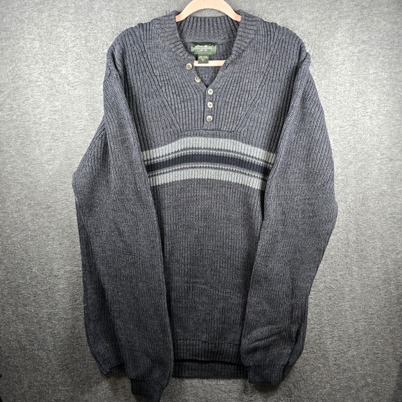 VTG Eddie Bauer Men Tall XL Gray Pullover Sweater Quarter Button‎ Light Stripe - Picture 1 of 11